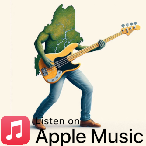 Listen on Apple Music text and an electric bass player whose body looks like a map of Maine.